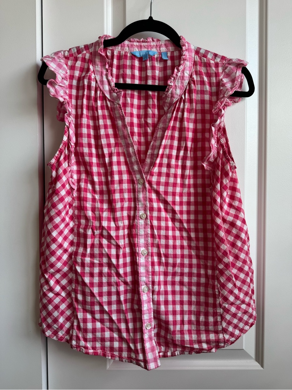 Draper James Large Pink Gingham Ruffle Neck Flutter Sleeve Top